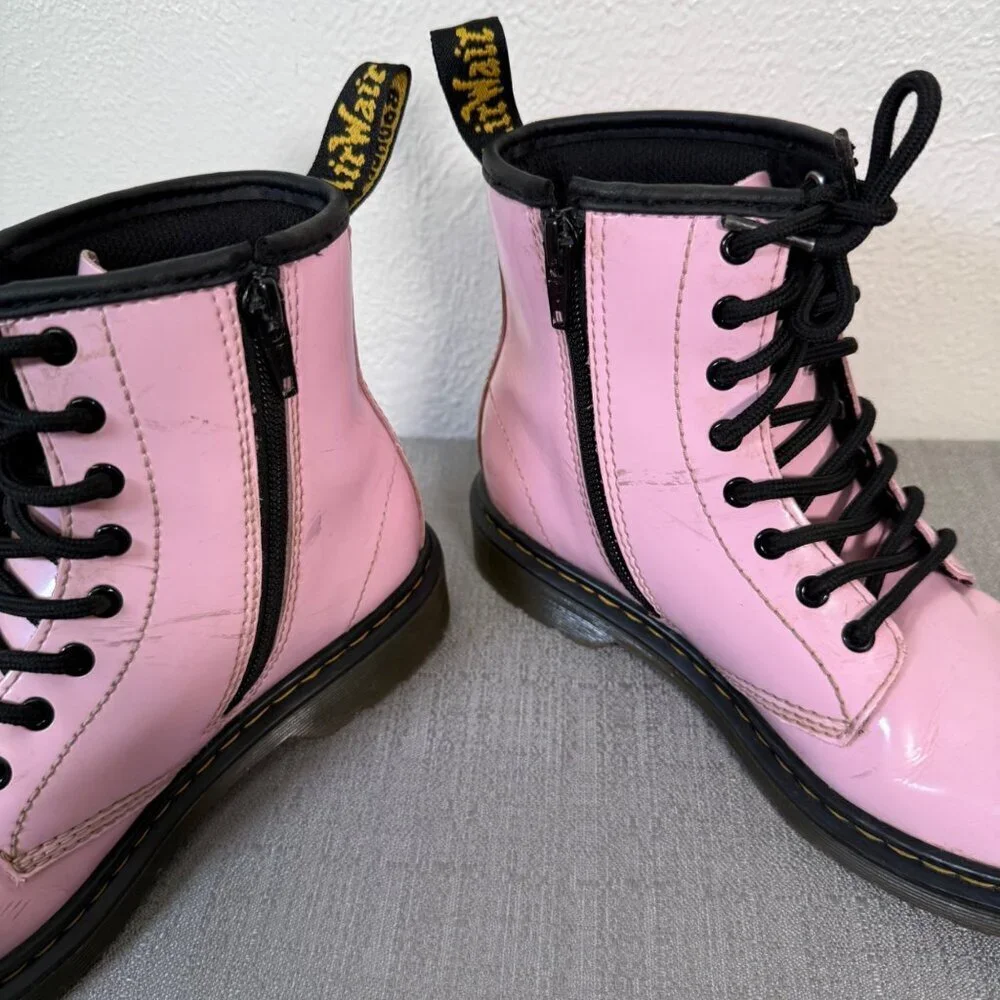 Dr. Martens 1460 J Pale Pink Patent Leather Lace Up Side Zip Boots Girls 3